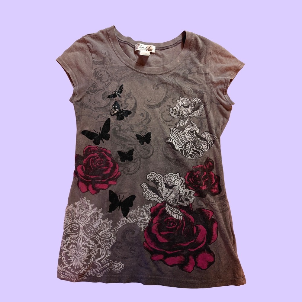 Y2K Twisted Courtesy Grey Graphic Tee Roses Butterflies Cap Sleeve Grunge #16